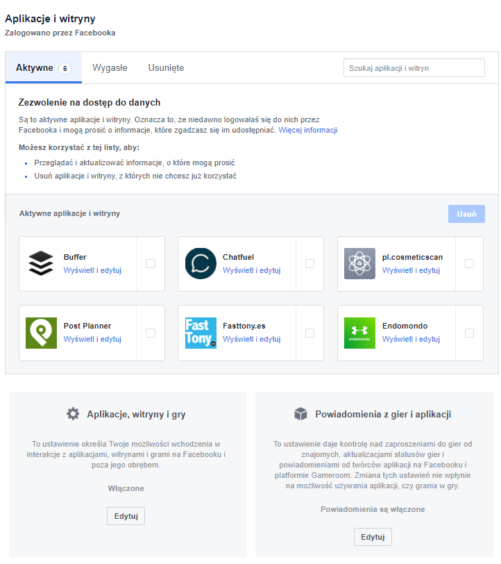 aplikacje i witryny facebook