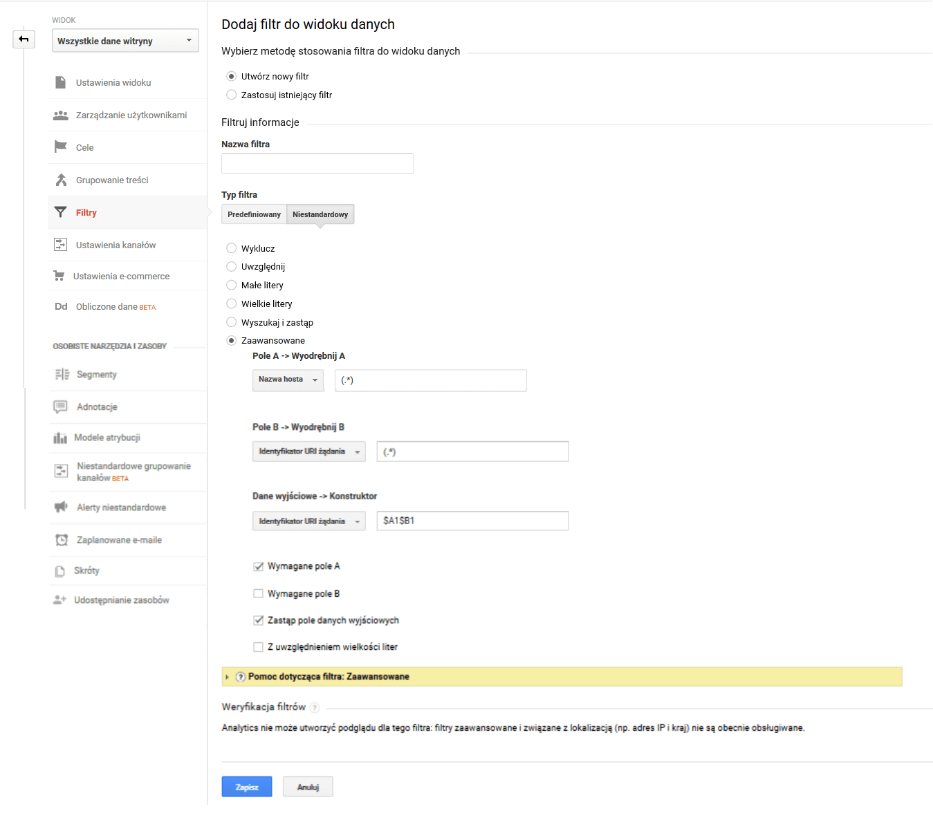 google analytics - filtry