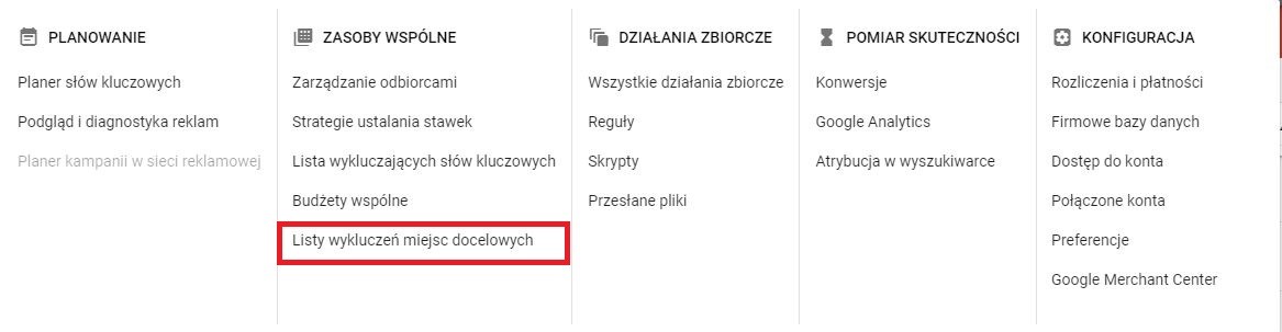 listy wykluczeń miejsc docelowych