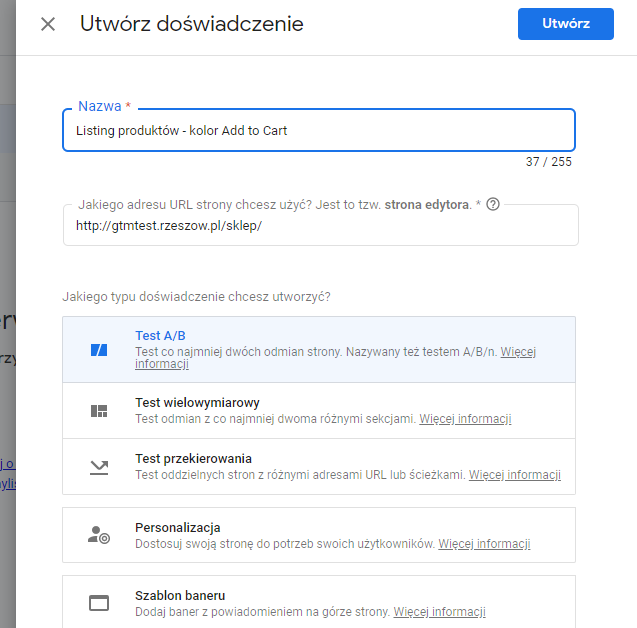 Utwórz doświadczenie