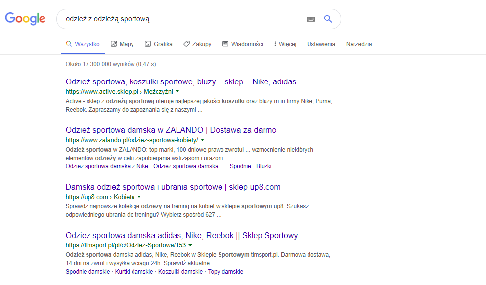 Wyniki wyszukiwania frazy odzież sportowa – pierwsze wyniki