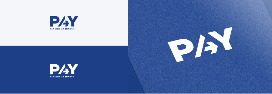 realizacja ux. Grafika przedstawiająca element identyfikacji wizualnej stworzonej dla klienta. Zawiera logo 'PAY' z hasłem 'PŁACIMY ZA INNYCH'. Logo jest pokazane w dwóch wersjach: na białym tle u góry i na granatowym tle u dołu. Po prawej stronie znajduje się powiększone logo na granatowym tle, co podkreśla jego nowoczesny i dynamiczny charakter.