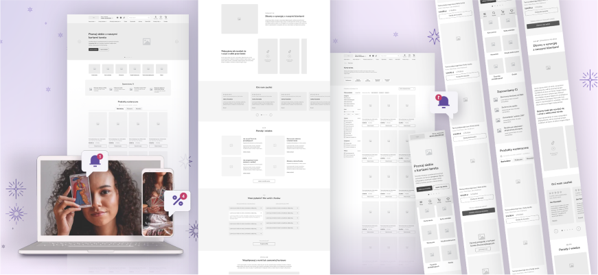 Strona internetowa Synergie: różne sekcje strony z elementami układu i obrazami produktów.