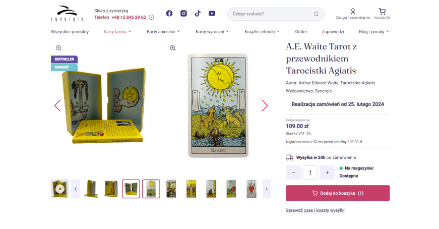Strona produktowa Synergie: prezentacja zestawu kart tarota A.E. Waite z przewodnikiem. Obraz kart oraz szczegóły produktu z ceną.