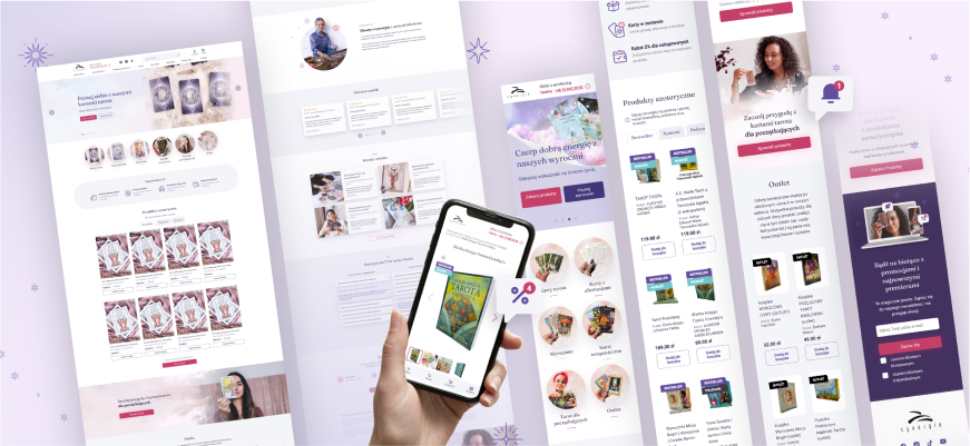 Strona B2B Synergie: korzyści dla biznesu, rejestracja i logowanie, kobieta trzymająca kartę tarota.