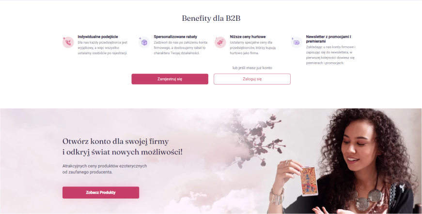 Strona B2B Synergie: oferta dla firm, korzyści z konta firmowego, kobieta z kartą tarota.