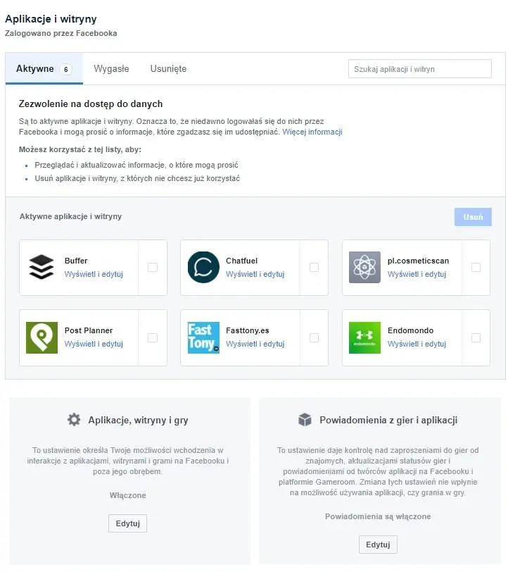 aplikacje i witryny facebook