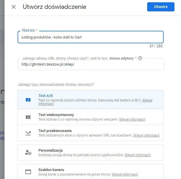 Utwórz doświadczenie